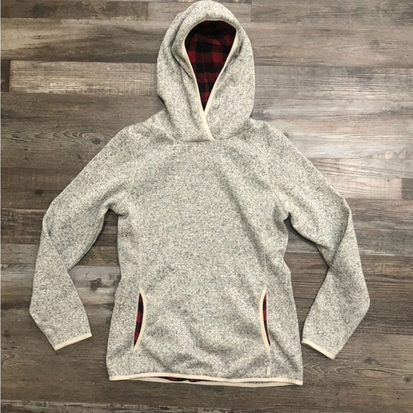 Eddie Bauer Tops - Eddie Bauer Heather Gray Hooded Sweatshirt with Buffalo Plaid detail